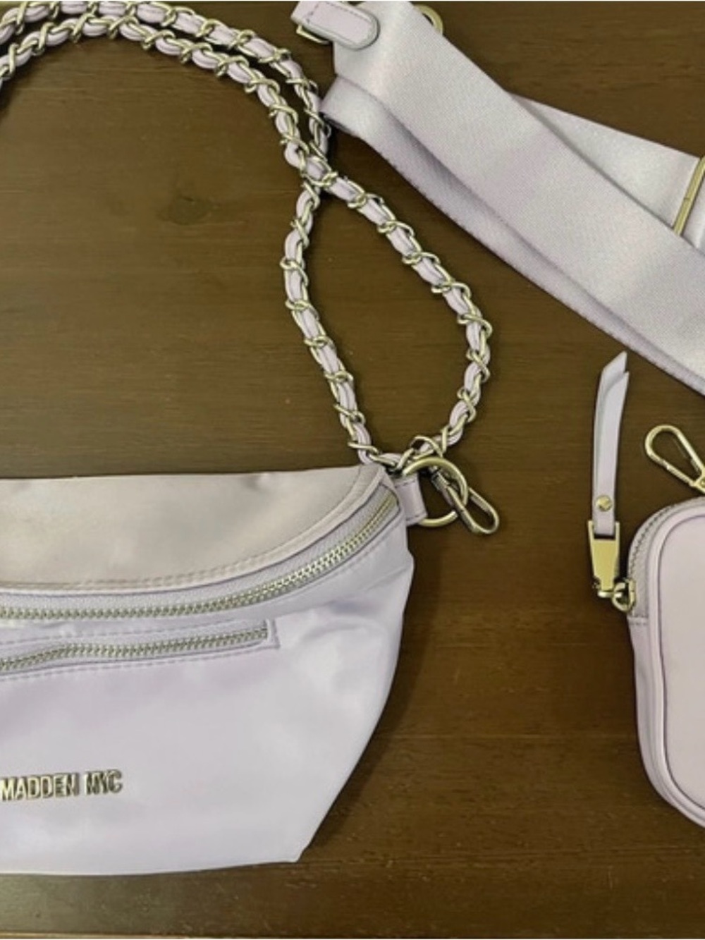 Steve Madden Lilac Crossbody Belt Bag with Braided Chain and Detachable Strap